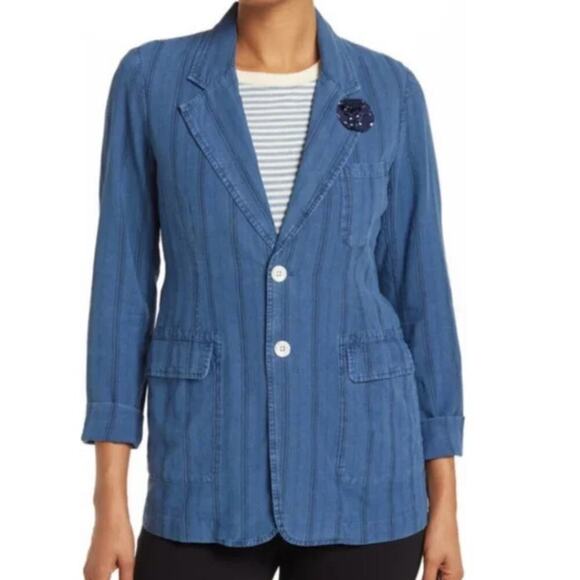 NWT Alex Mill Linen Pinstripe Boy Jacket Blazer Women's Indigo Blue Size Small - Picture 1 of 6